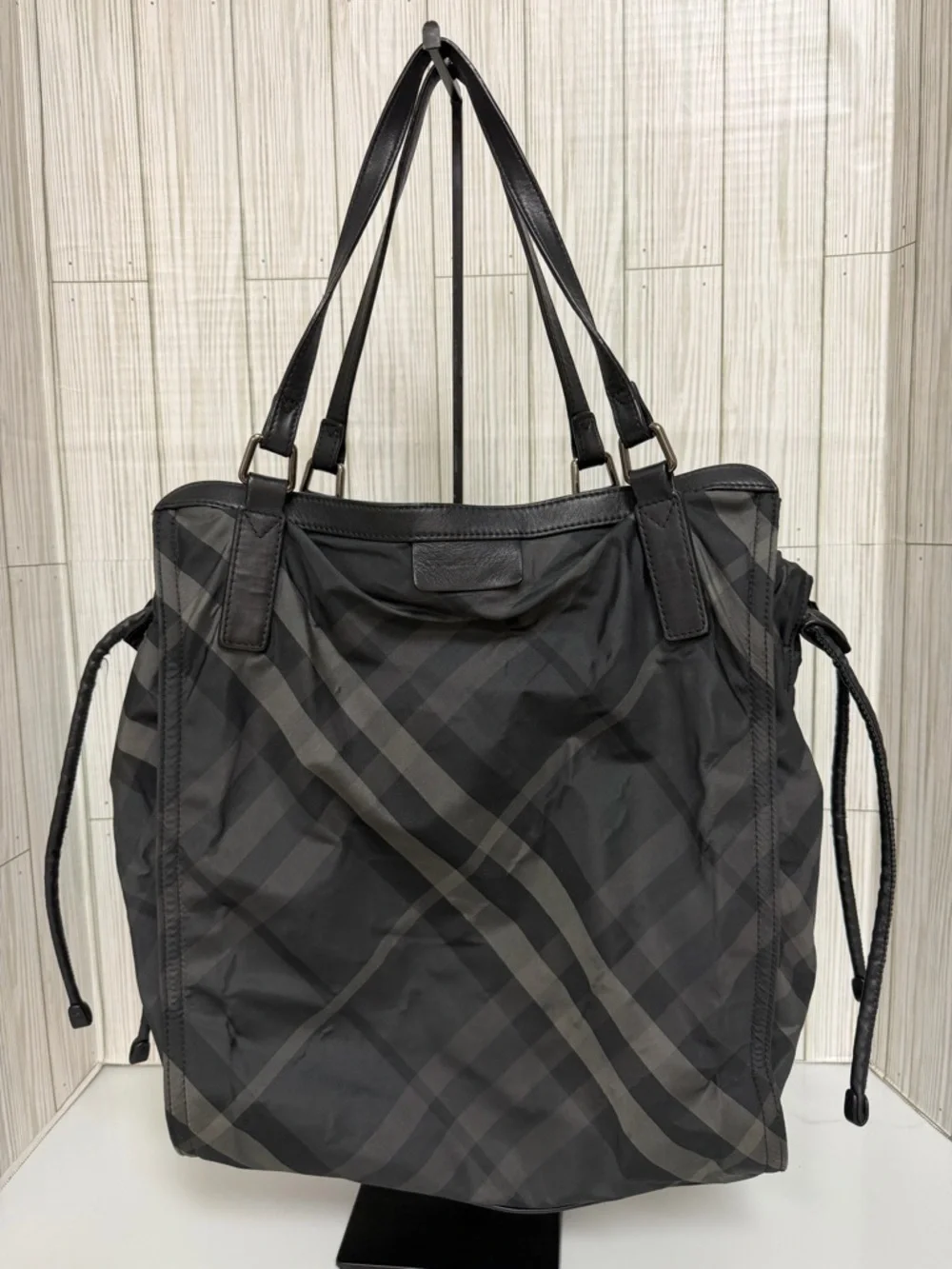 Burberry Black Nova Check Nylon Tote Bag Leather Trim Shoulder Bag Large